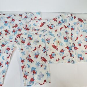 Adorable Vintage Old Baby Clothes Red Blue Two Piece Pajama Set STAINED